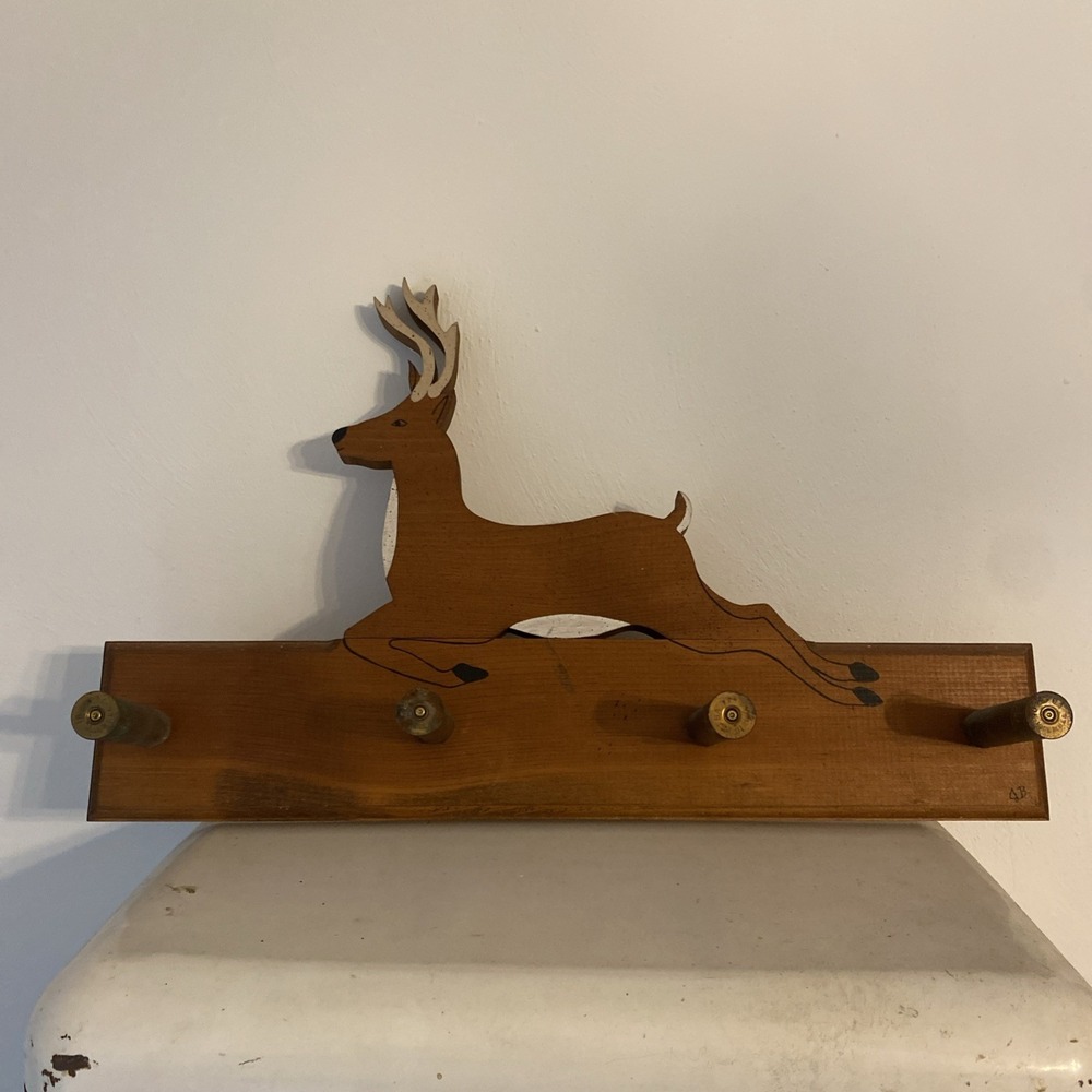 Handmade Folk Art Wooden Buck Wall Coat or Hat Rack 4 Pegs Shotgun Shells